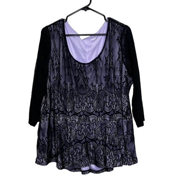 Lane Bryant Womens Plus Size 22 24 Black Lace Purple Underlay 3/4 Sheer Sleeves - Picture 1 of 9